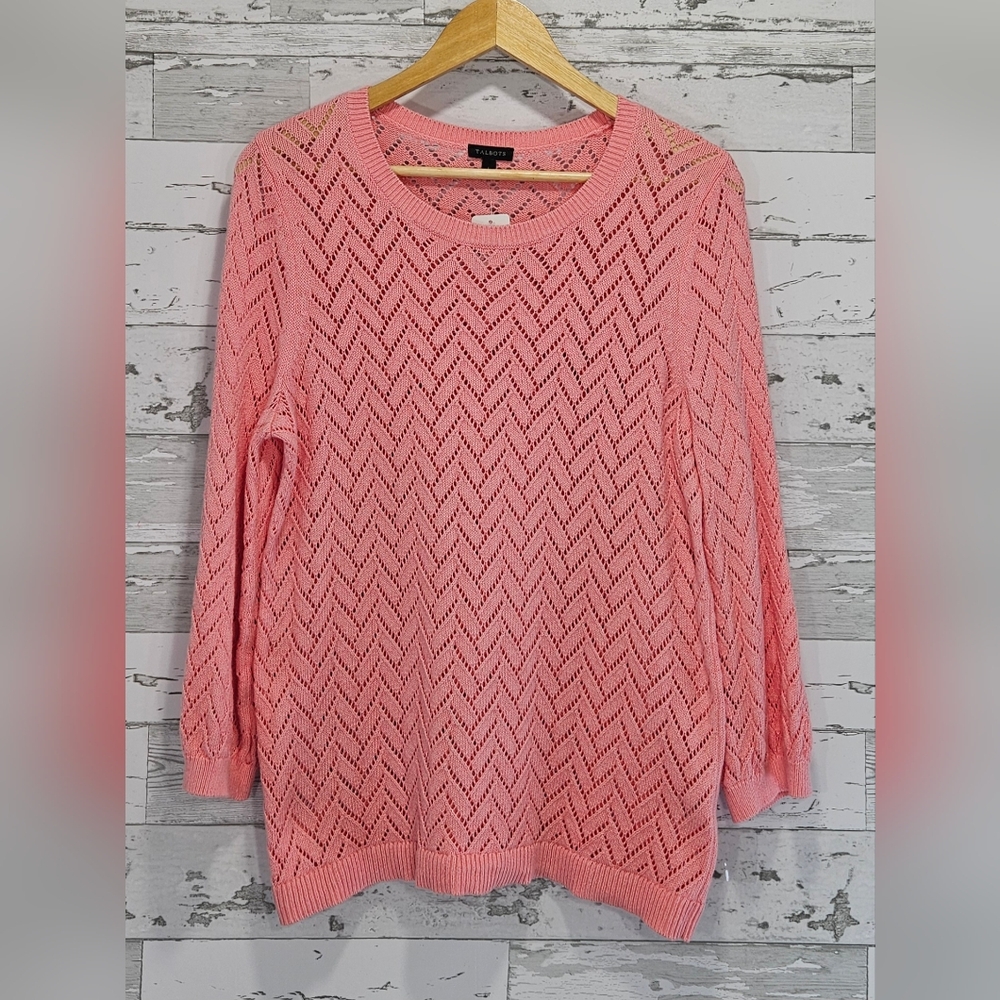 Talbots Pointelle Crewneck Linen Cotton Sweater Large Coral Crochet Sheer